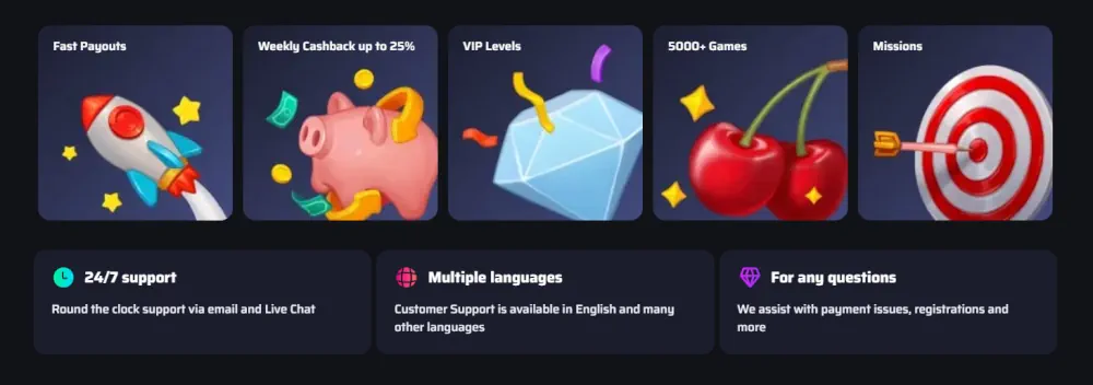 Visão geral dos benefícios da BDM Bet com pagamentos rápidos, níveis VIP e missões.